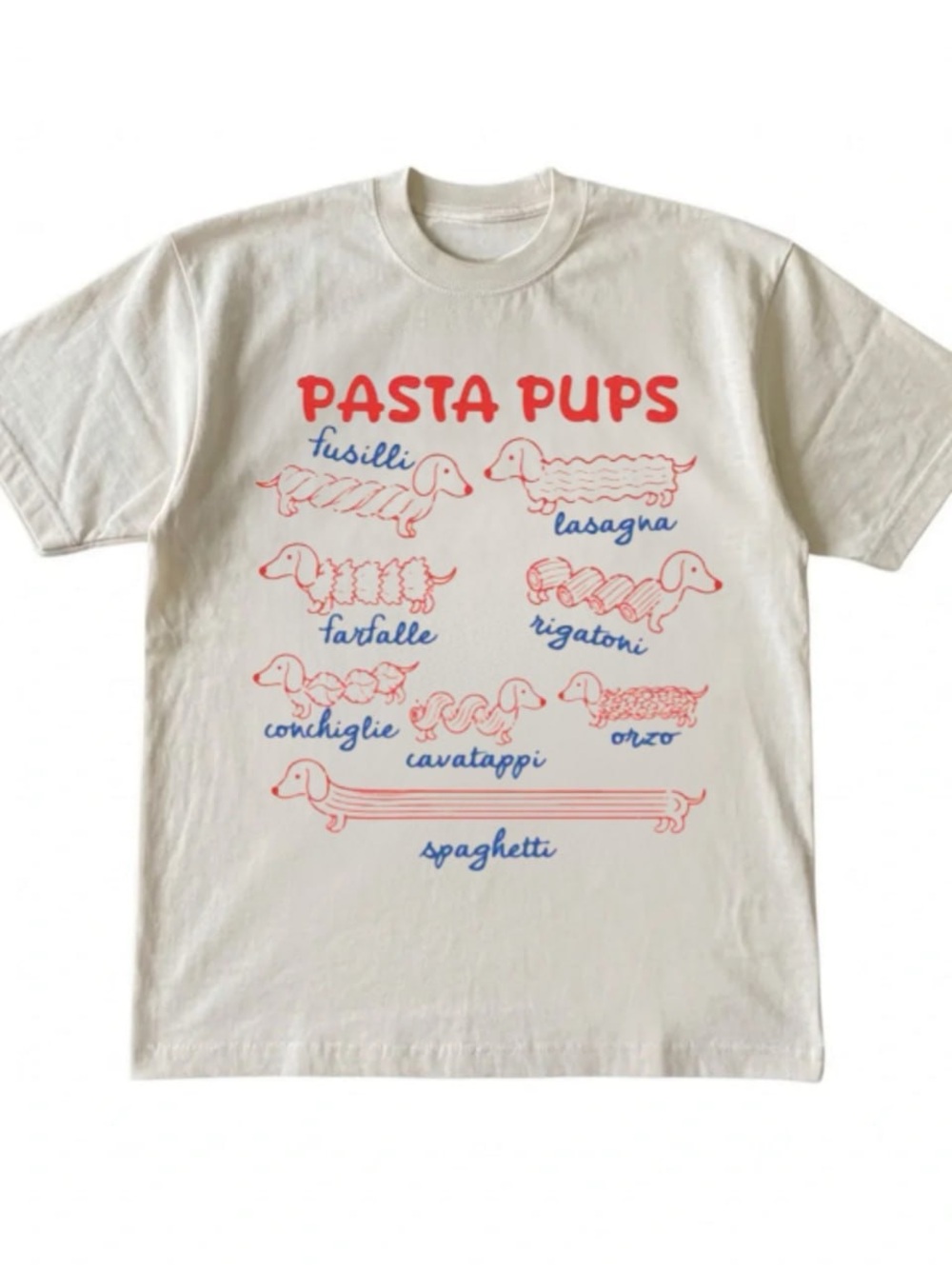Cream Tee with Red & Blue Pasta Pups Graphic